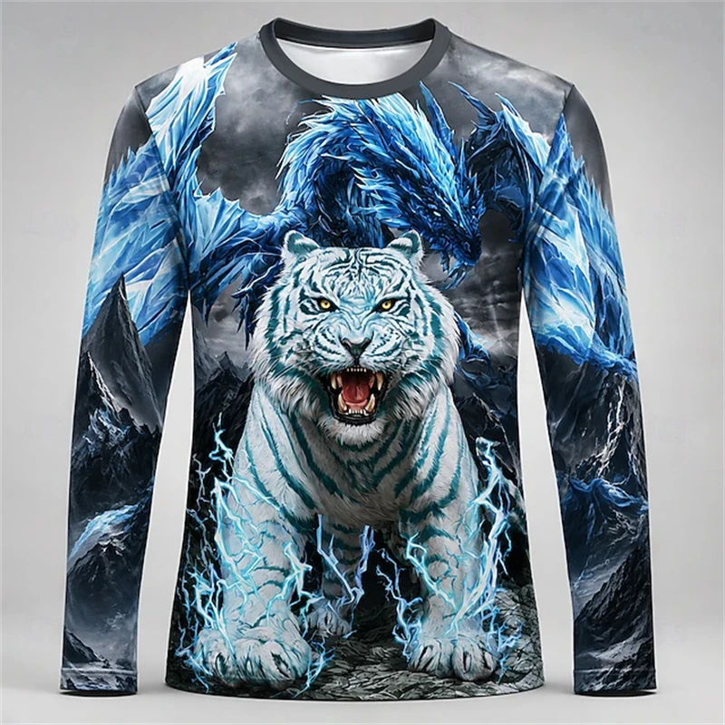 Men Blue White Tiger Dragon Pr - Tee Graphic Print review and price